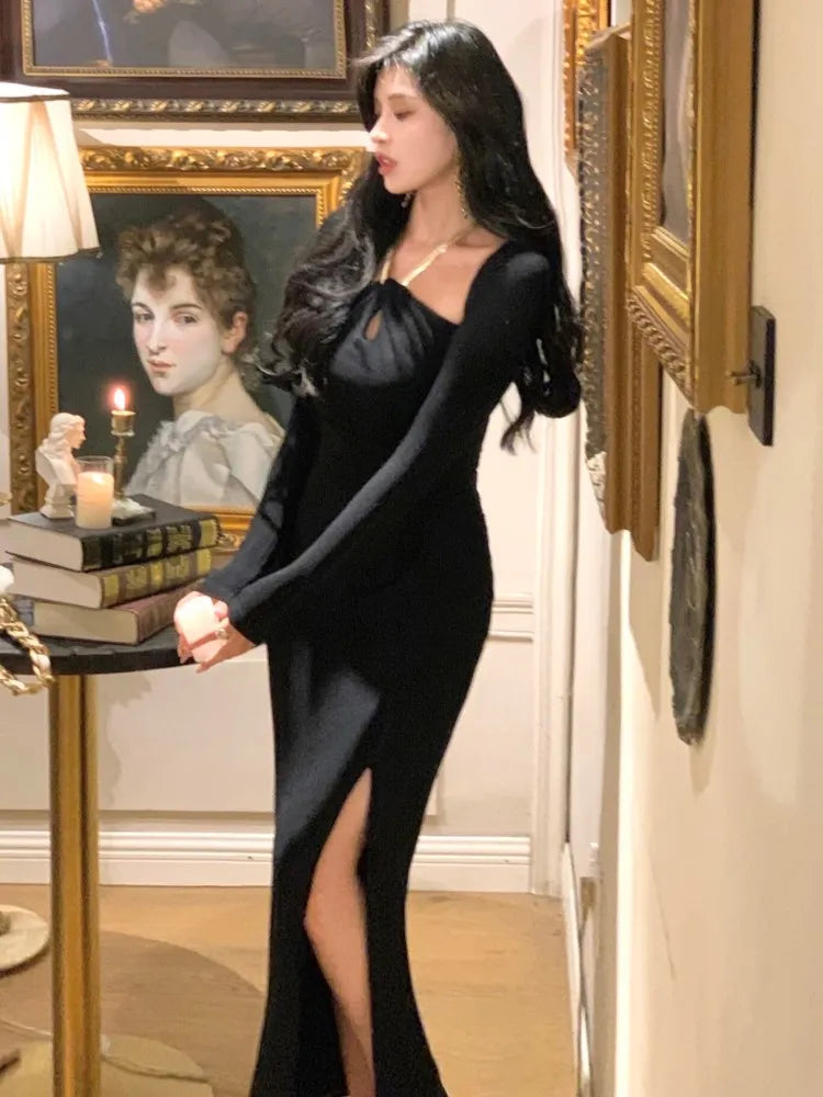 xakxx Women Sexy Bodycon Evening Party Dress French Elegant Halter Slim Knitted Robe Korean Autumn Fashion One Pieces Vestidos