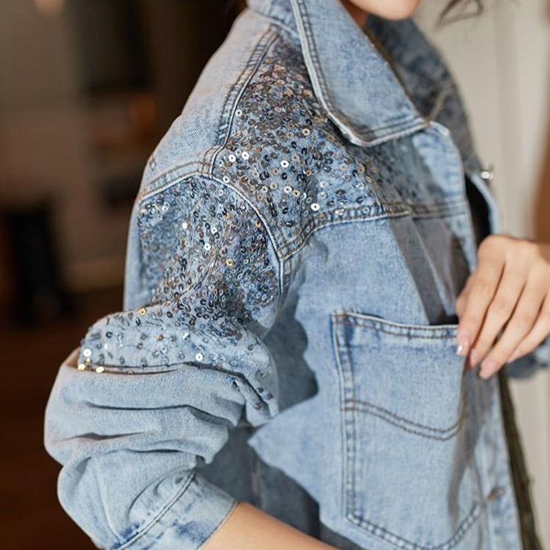 xakxx Spring Autumn Denim Jacket Women Fashion Sequin Short Lapel Jean Coats Woman Casual Full Sleeve Loose Button Coat