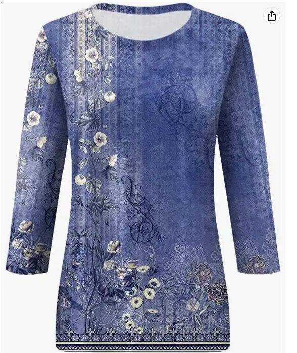 xakxx- Women Ethnic Floral Printed T Shirt Female O Neck Seven-Point Sleeve Blouse Lady Spring Summer Casual Commuter Tops