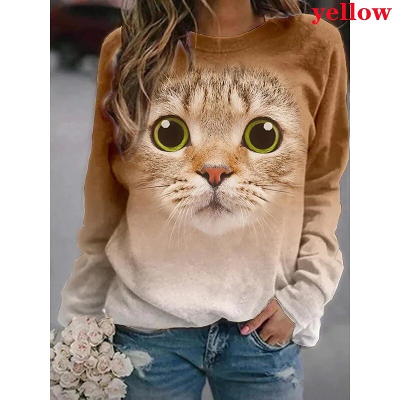 xakxx- Cartoon Cat T-Shirt Women Long Sleeve Round Neck Top Y2K Clothing Spring Autumn Casual Graphics Large Size Tee