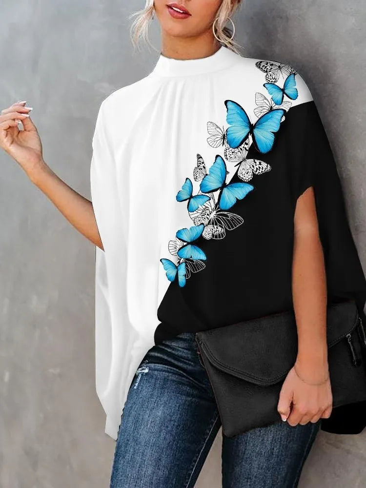 xakxx- Elegant Bat Sleeve Blouse Lady Large Size High Collar Half Sleeve t Shirt Female Autumn Party Evening Clothing