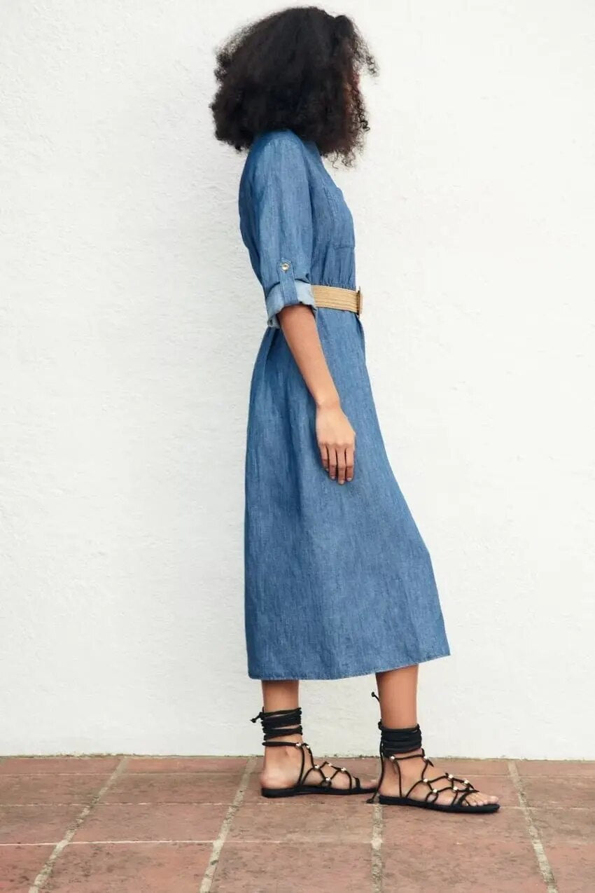 xakxx- New Women's Casual Chic Front Patch Pockets Front Button Closure Contrasting Belt Linen Blend Shirt Dress