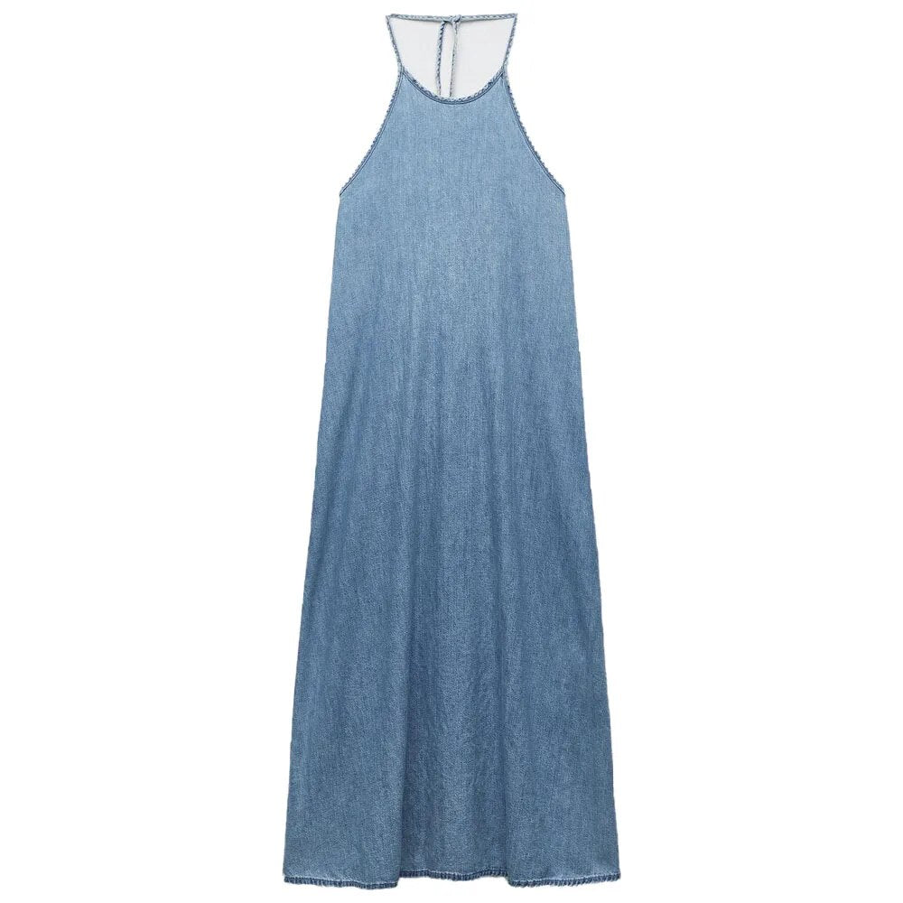 xakxx- New Women's Temperament Fashionable Casual Round Neck Adjustable Ribbon Neck End Same Fabric Floral Denim Midi Dress
