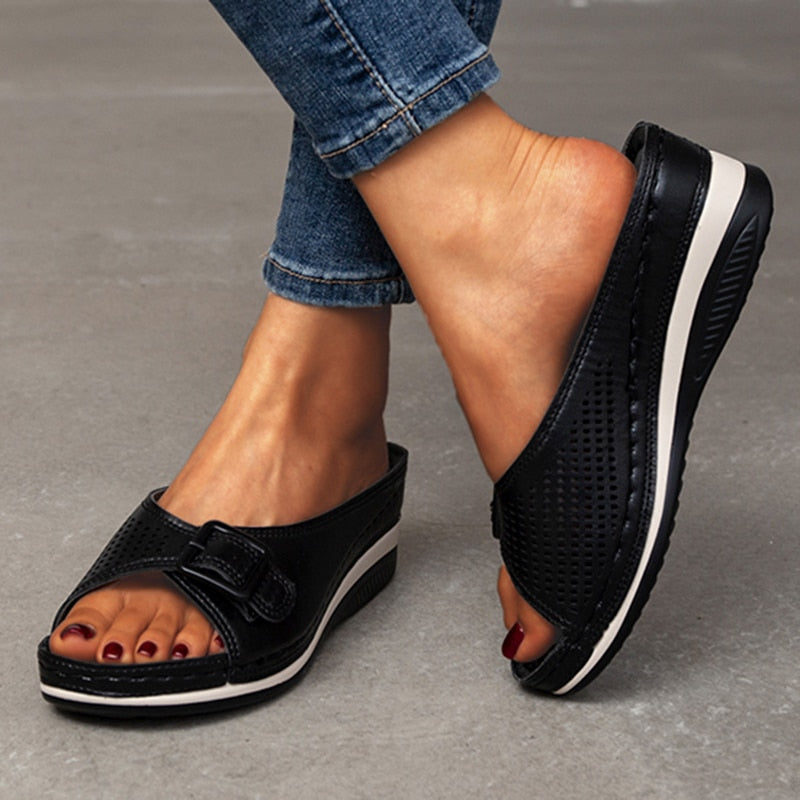xakxx Back to school New Plus Size 43 Wedges Slippers Women Summer Buckle Peep Toe Sandals Woman Comfy Non Slip Beach Flip Flops Female