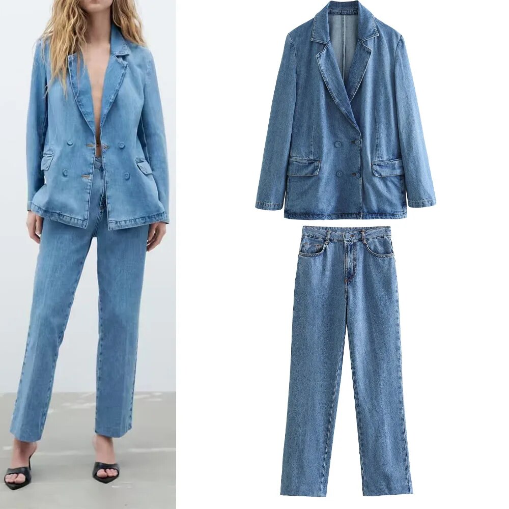xakxx xakxx - New Women's Front Zipper and Matching Lined Button Closure Straight Barrel High Waist Jeans Double breasted Suit Coat