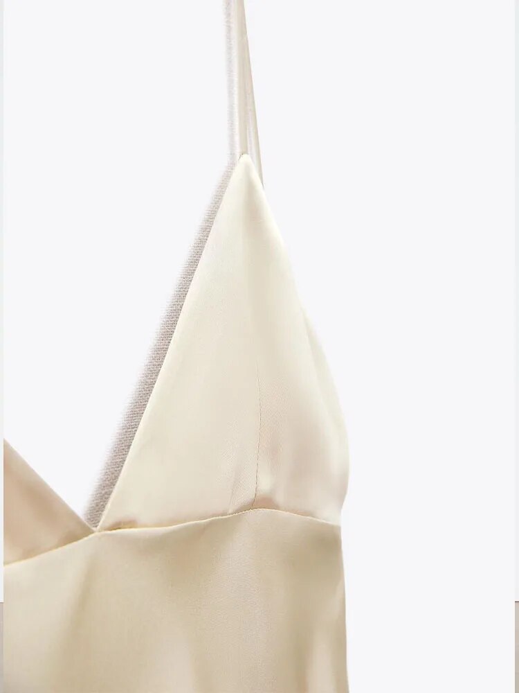 xakxx- New Women's Silk Satin Texture Underwear V Neck Adjustable Spaghetti Straps Open Back Side Seam Concealed Zipper Closure Dress
