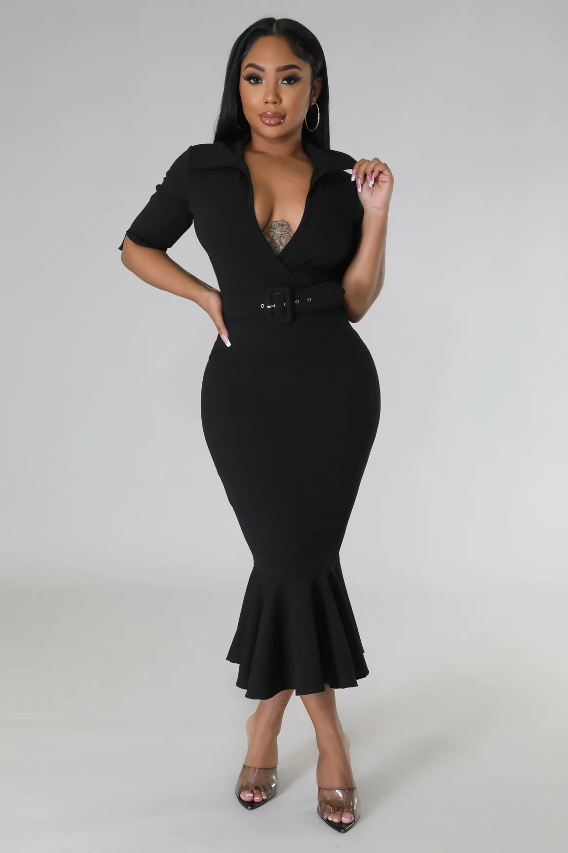 xakxx Women's Formal Dress POLP Collar Elegant Ruffle trim Women's Fashion Casual Belt Evening Dress For Women