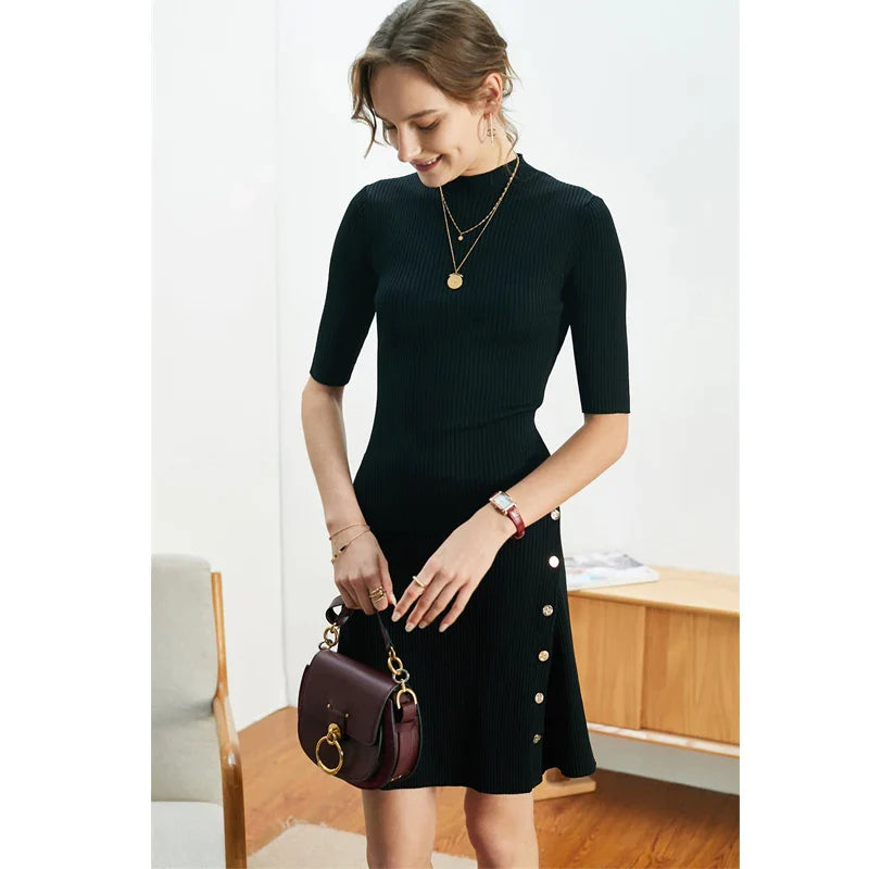 xakxx xakxx Summer Women Crew Neck Metalic Button Side Black Knited Mini Dress Office Lady Black Robe High Quality