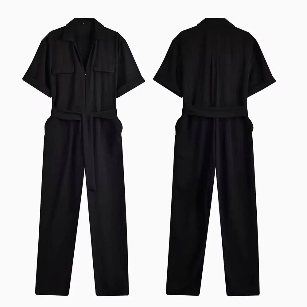 xakxx xakxx - Spring New Women's Front Pocket Stitch Hidden Zipper Closure Black Belt Zipper Polo Short Sleeve Bodysuit