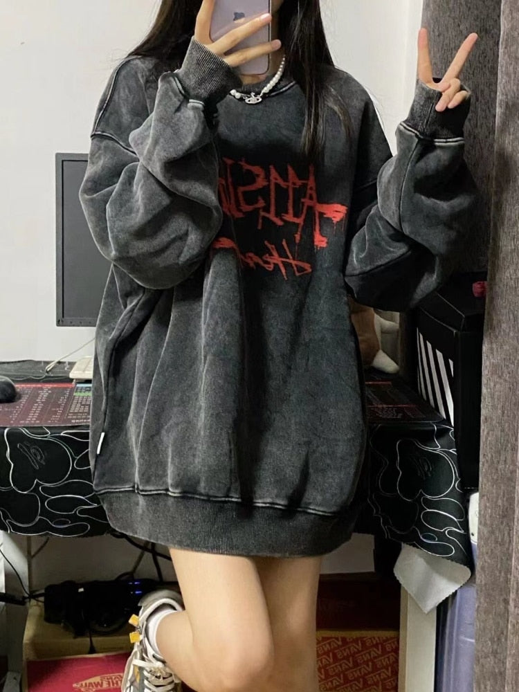 xakxx Emo Gothic Print Oversized Sweatshirts Women Harajuku Vintage Loose Hoodies Long Sleeve Crewneck Pullovers Female Tops