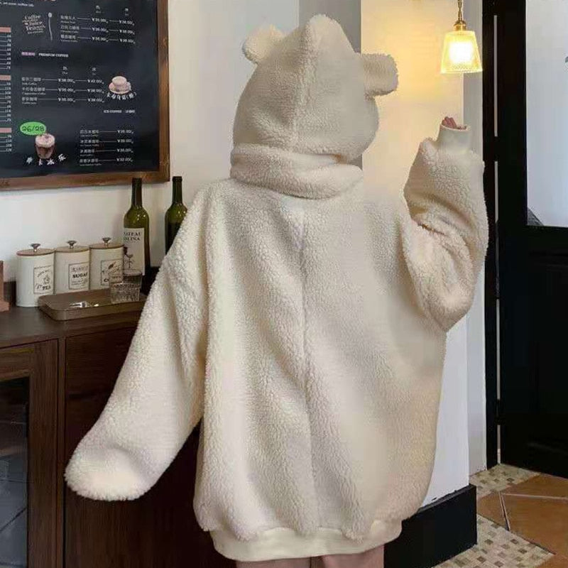 xakxx Black Friday Women Lamb Wool Two Piece Hoodies Kawaii Bear Ear Cap Faux Fur Loose Ladies Pullovers Warm Plush Thick Sweatshirts Top
