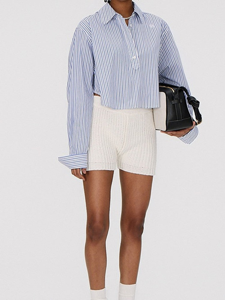 xakxx Women Casual Stripes Short Shirt Front Buttons Turn-Down Collar Embroidery Logo Ladies Long Sleeve Blouses