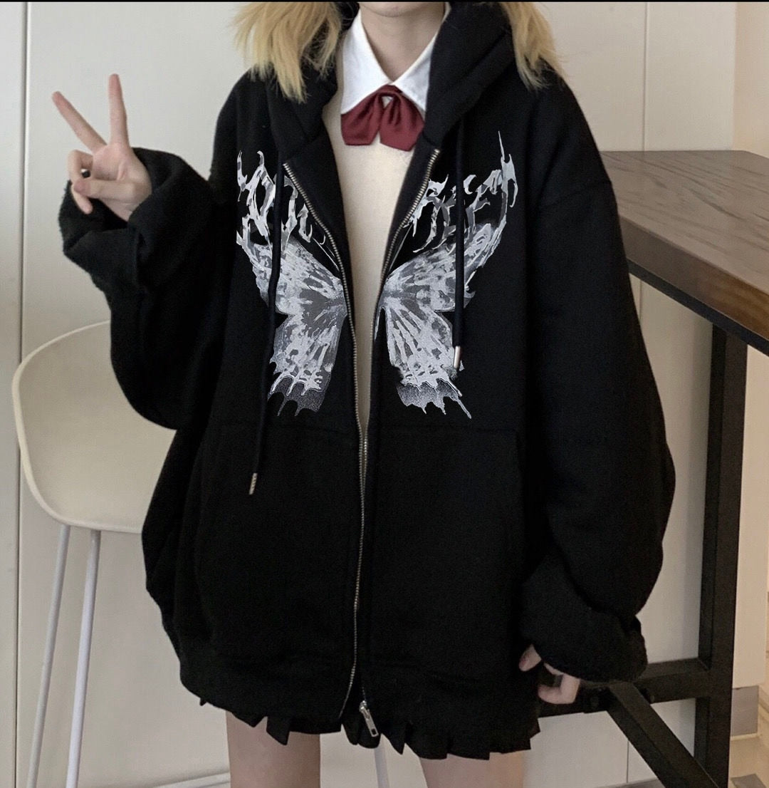 xakxx Hip Hop Oversize Women Hoodies Autumn Streetwear Butterfly Print Black Sweatshirt Harajuku Zip Up Goth Punk Female Jacket Hoodie
