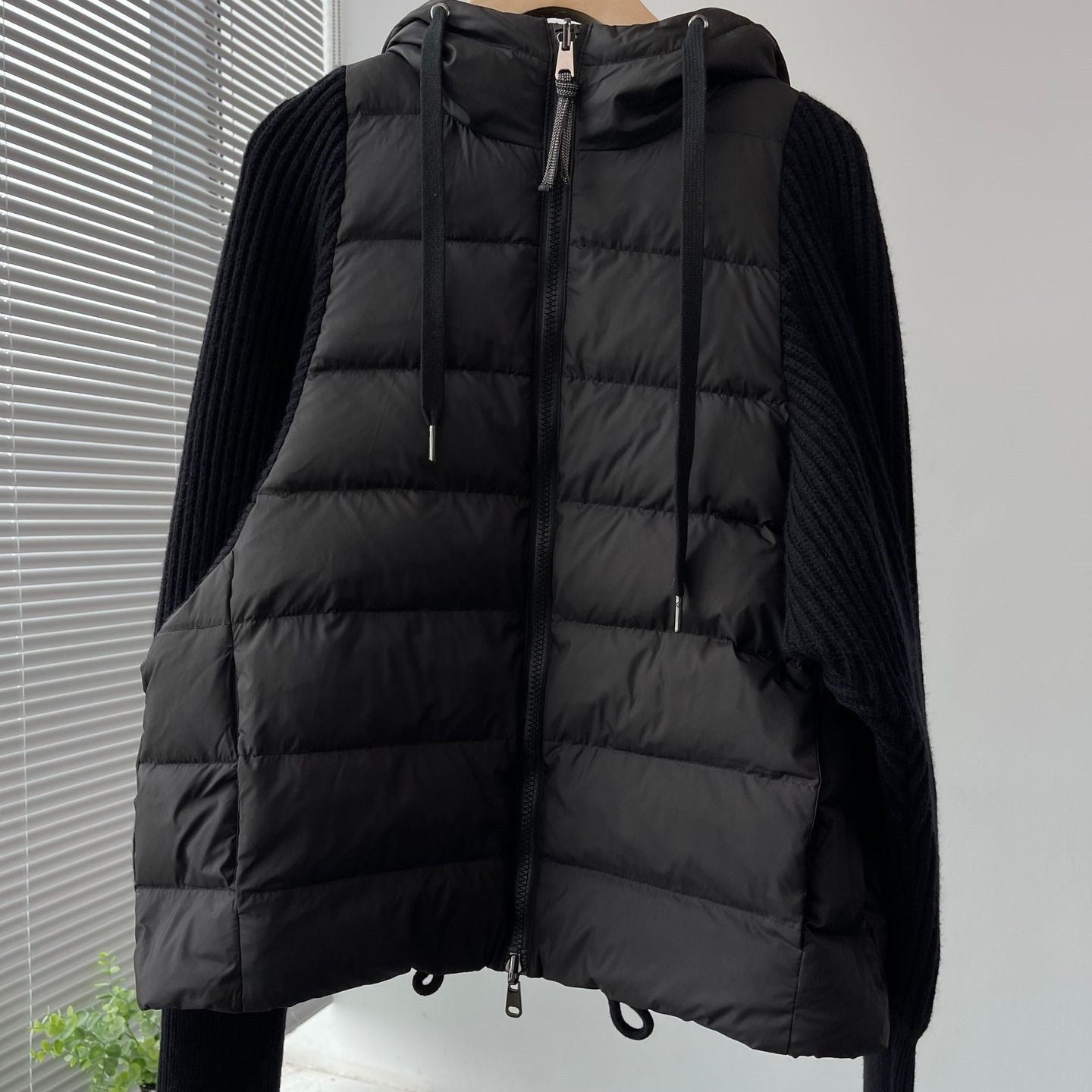 xakxx Women Knit Stitcing Hooded Down Coat Fashion Autumn Winter Female Long Sleeve Drawstring Zipper Jacket