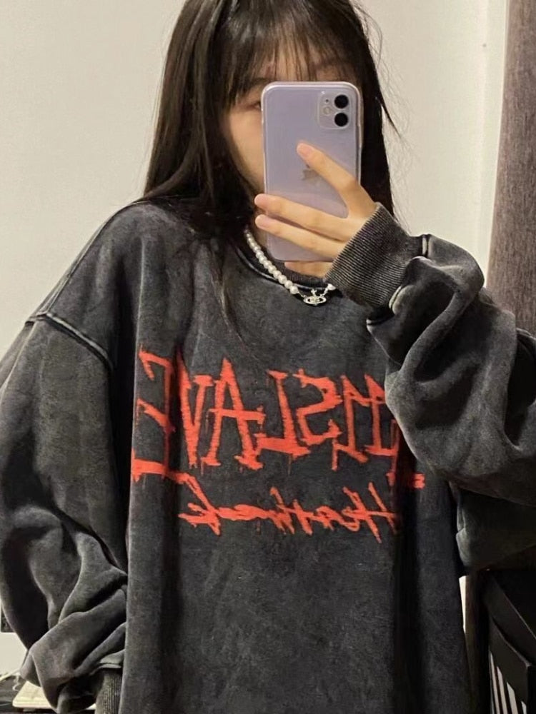 xakxx Emo Gothic Print Oversized Sweatshirts Women Harajuku Vintage Loose Hoodies Long Sleeve Crewneck Pullovers Female Tops
