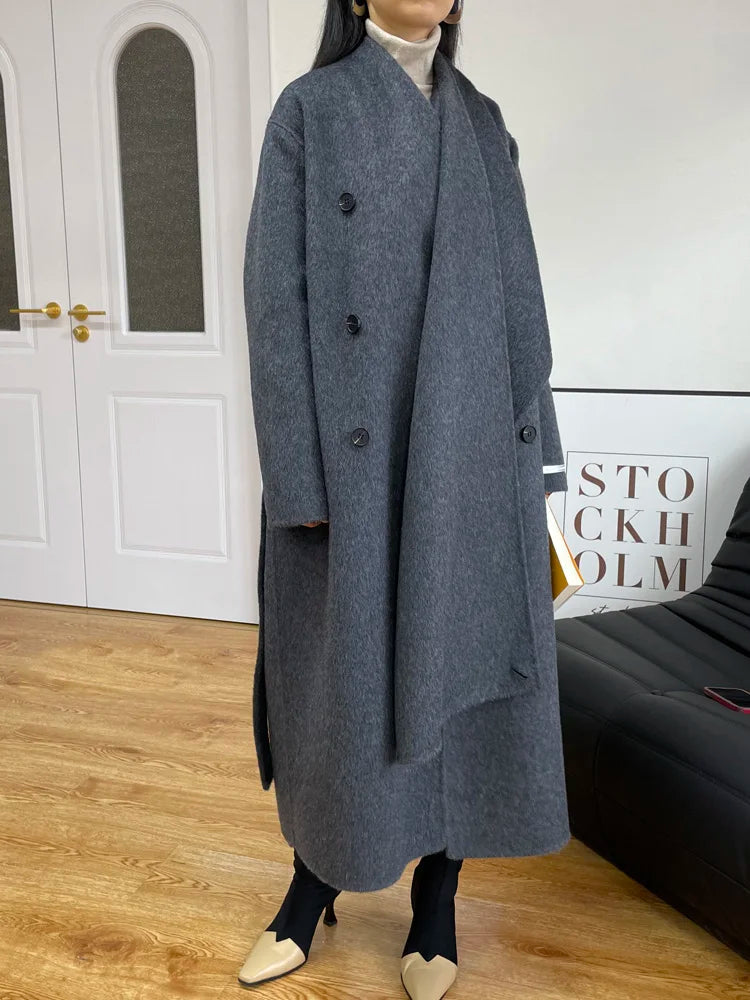 xakxx xakxx-New Fashion Scarf Collar Warm Double-sided Wool Coat Loose Women Fashion Double-breasted Long Woolen Coat Female Clothing Autumn