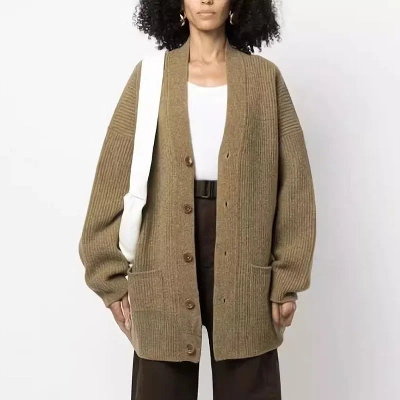 xakxx xakxx Woman Cardigan Winter Female Clothing V-neck Loose Straight Knit Wool Blend Thickened Sweater Top