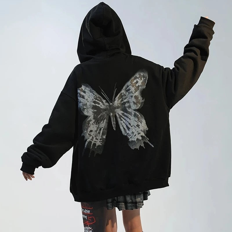 xakxx Hip Hop Oversize Women Hoodies Autumn Streetwear Butterfly Print Black Sweatshirt Harajuku Zip Up Goth Punk Female Jacket Hoodie