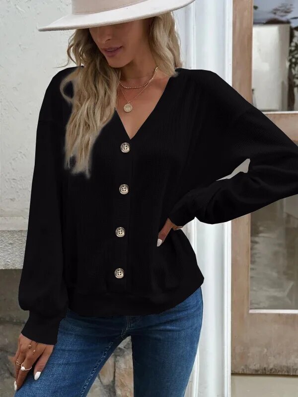xakxx- 6 Colors Lightweight Jacket Women Button V-Neck Long Sleeve Short Coat Female Autumn Solid Cardigan Casual Loose Tops