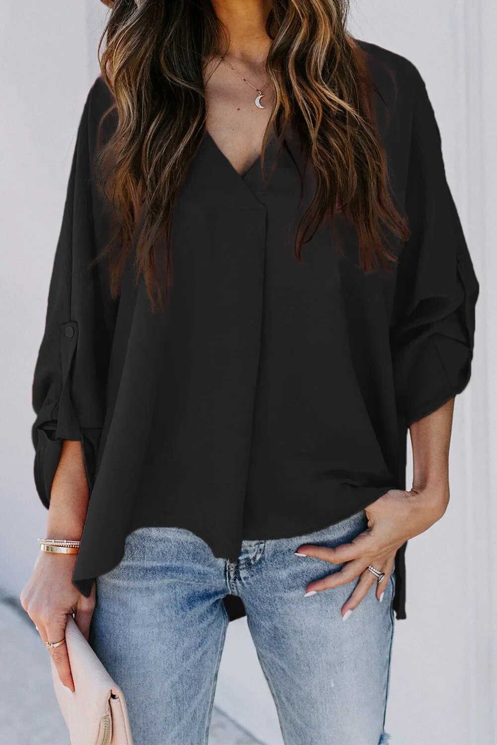 xakxx xakxx- Autumn Spring White Blouse Women Simple Long Sleeve V Neck Pullover Tops Casual Solid Womens Clothing