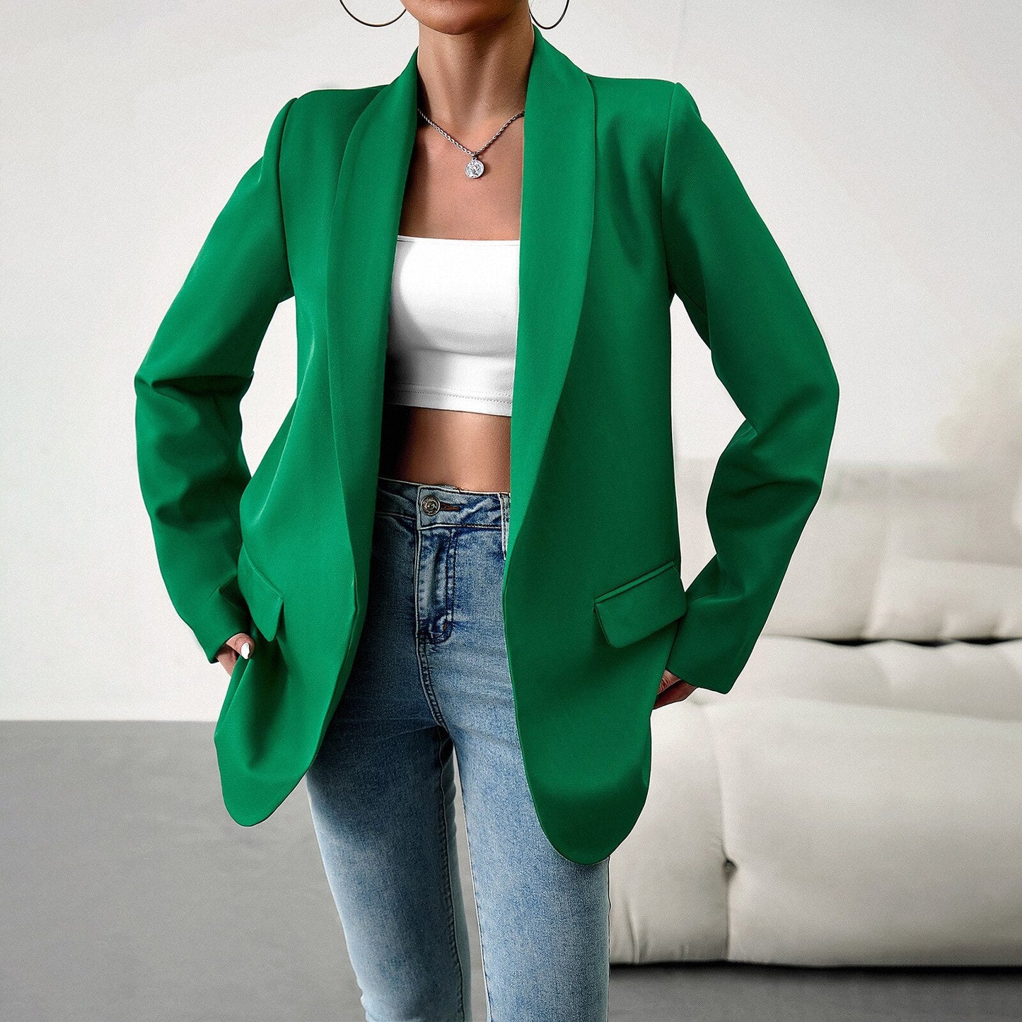 xakxx Women's Tops Coat Temperament Commuter Blazer Regular Sleeve Blazer Collar Solid Color Thin Blazer Jacket Women Clothing