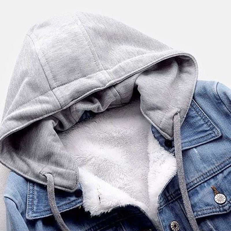xakxx Black Friday Winter Fleece Denim Coats Women Faux Hooded Thicken Plus Velvet Jacket Female Vintage Blue Warm Frayed Overcoat Outwear