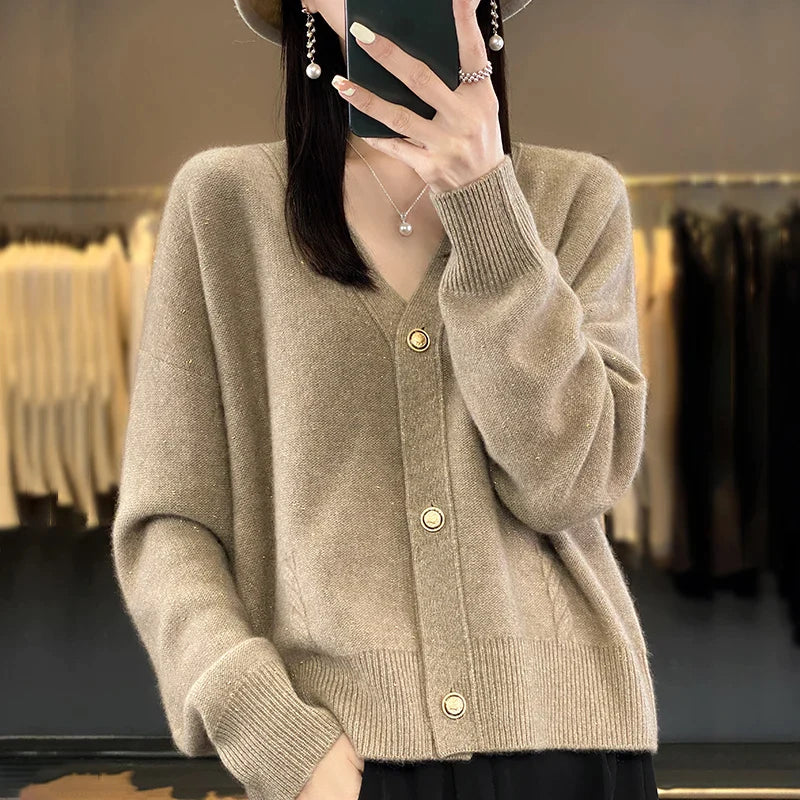 xakxx-New women's 100% pure cashmere grain with thick wool cardigan with golden bean yarn New Year's dress