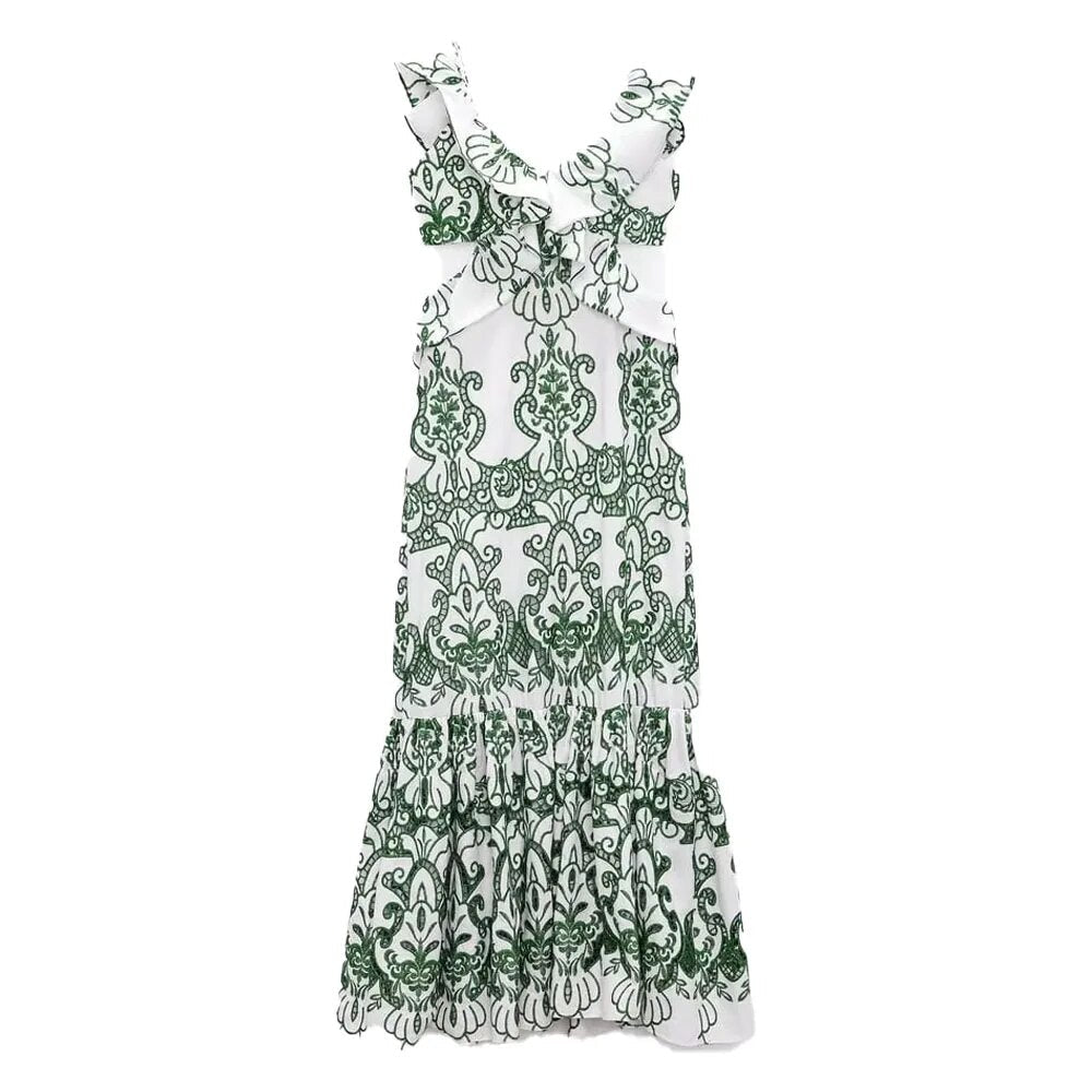 xakxx- New women's casual sexy V-neck halter tie green embroidery sleeveless layered dress 3152032