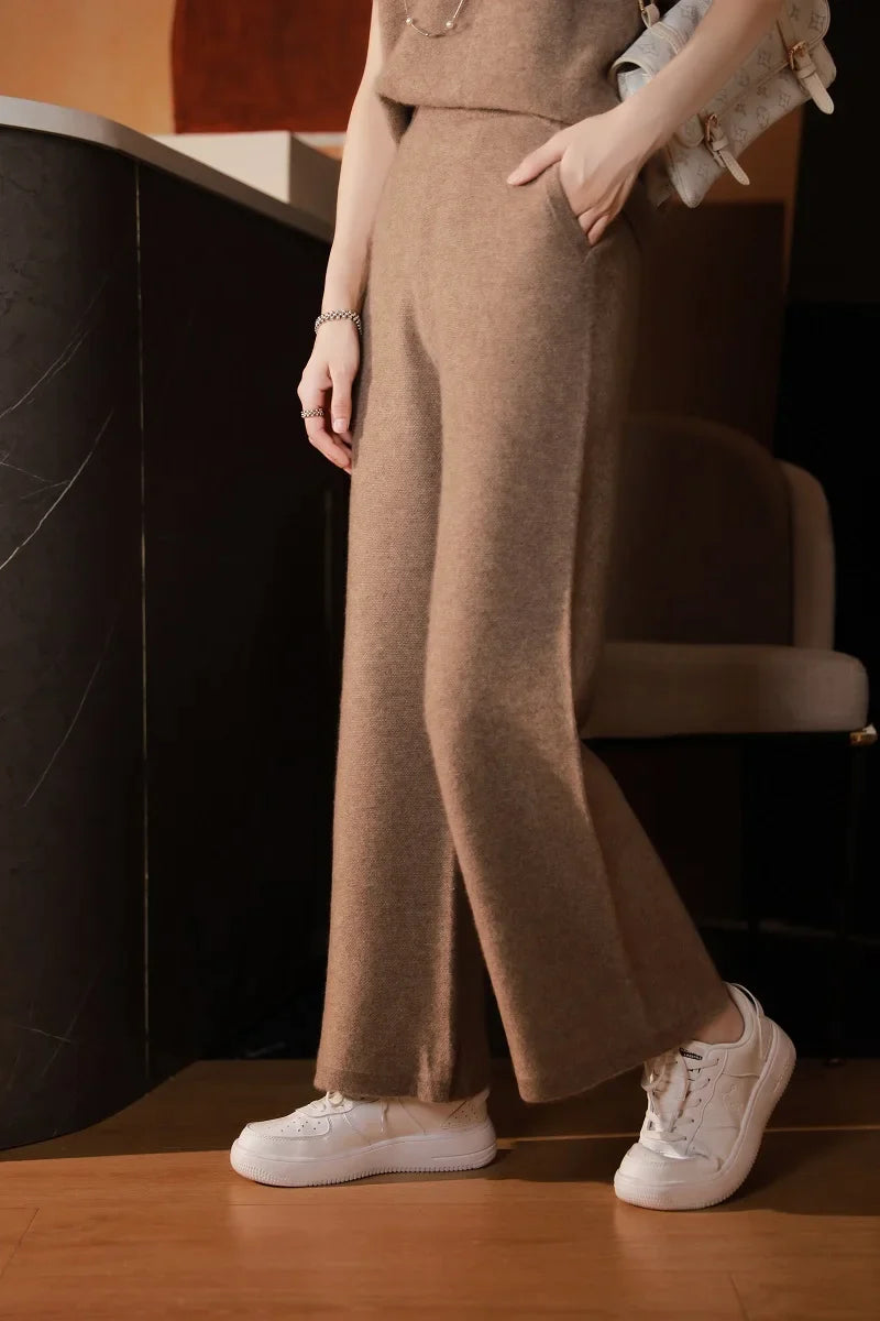 xakxx xakxx-Cashmere wide-leg pants women's high waist straight pants wear casual wool pants in autumn and winter.