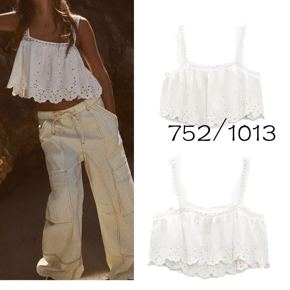 xakxx xakxx- Summer new casual Ruili sexy sweet embroidery linen blended loose sling short top 7521013