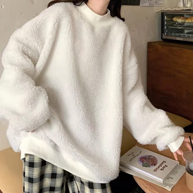 xakxx Black Friday Women Lamb Wool Two Piece Hoodies Kawaii Bear Ear Cap Faux Fur Loose Ladies Pullovers Warm Plush Thick Sweatshirts Top