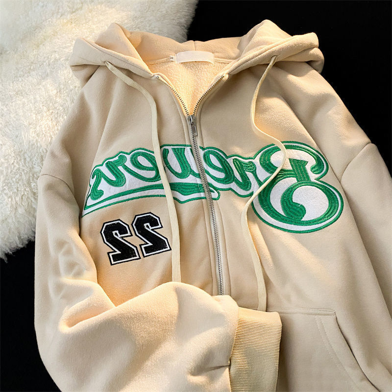 xakxx Vintage Oversized Hoodies Women Letter Printing Zip Up Sweatshirts Streetwear Casual Long Sleeve Hooded Sweatshirt Clothes Top