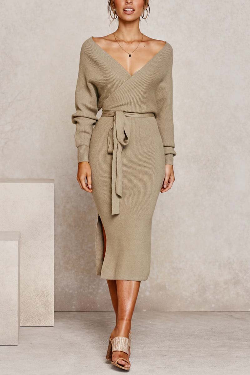 Xakxx V Neck Backless Sweater Dress(5 Colors)