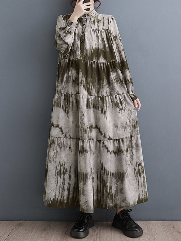 xakxx Long Sleeves Loose Pleated Split-Joint Tie-Dyed Stand Collar Midi Dresses