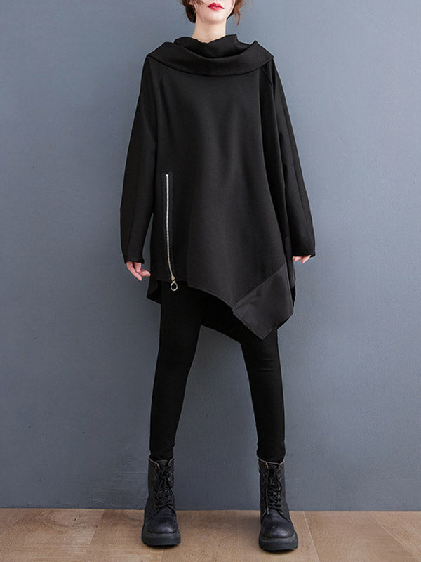 xakxx Long Sleeves Loose Asymmetric Split-Joint Zipper Heaps Collar Sweatshirt Tops
