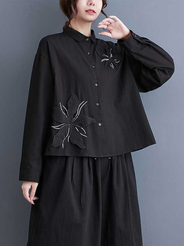 xakxx Long Sleeves Loose Applique Buttoned Embroidered Lapel Blouses&Shirts Tops