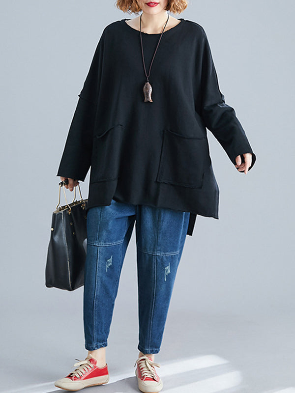xakxx High-Low Long Sleeves Pockets Solid Color Split-Joint Split-Side Round-Neck Sweatshirt Tops