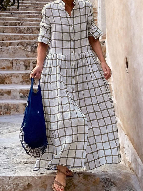 xakxx Long Sleeves Loose Buttoned Plaid Split-Joint Stand Collar Maxi Dresses