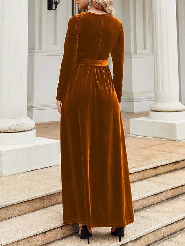 xakxx Long Sleeves Wrap Belted Pleated Solid Color Zipper Round-Neck Maxi Dresses