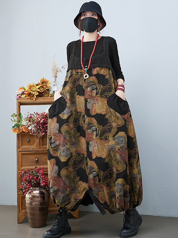 xakxx Artistic Retro Vintage Loose Floral Printed Square-Neck Sleeveless Overalls