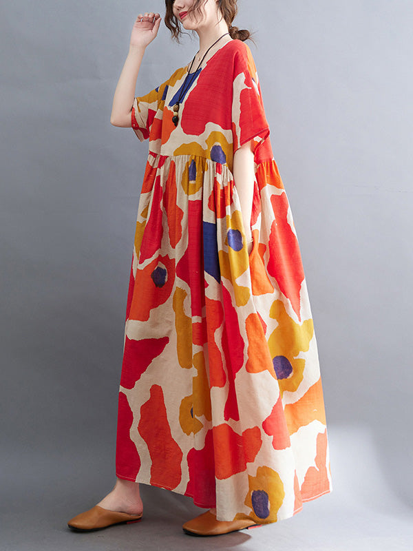 xakxx Artistic Retro Short Sleeves Loose Contrast Color Printed Round-Neck Midi Dresses