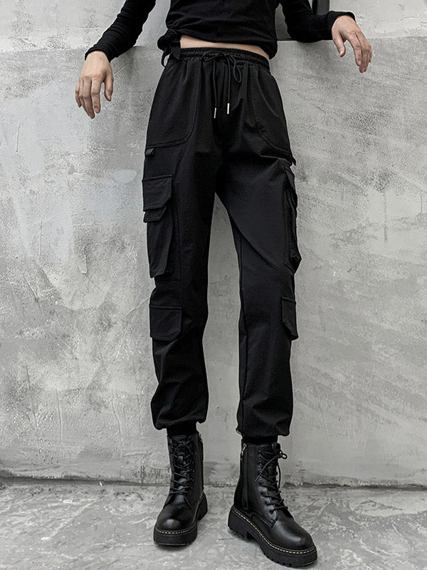 xakxx Stylish Drawstring Punk Empire Black Casual Overalls Pants