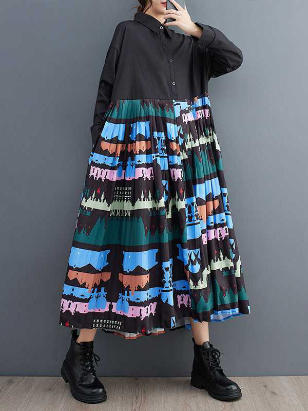 xakxx A-Line Long Sleeves Buttoned Pleated Printed Split-Joint Lapel Midi Dresses