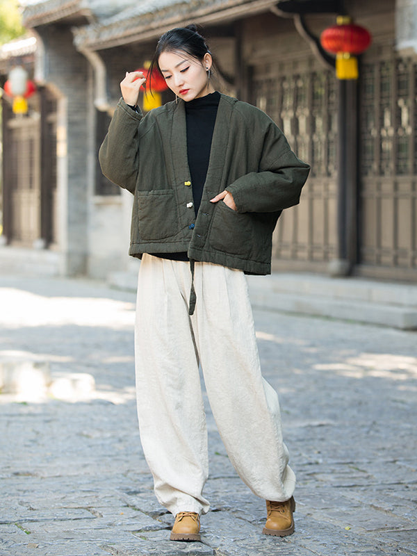 xakxx Vintage Loose Long Sleeves Keep Warm V-Neck Padded Coat