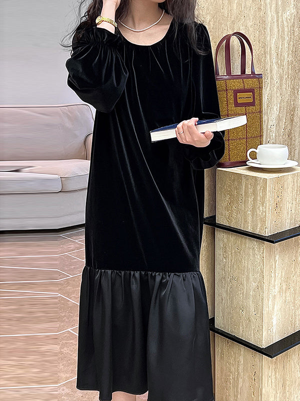 xakxx Flared Sleeves Long Sleeves Contrast Color Pleated Ruffled Split-Joint Velvet Round-Neck Midi Dresses