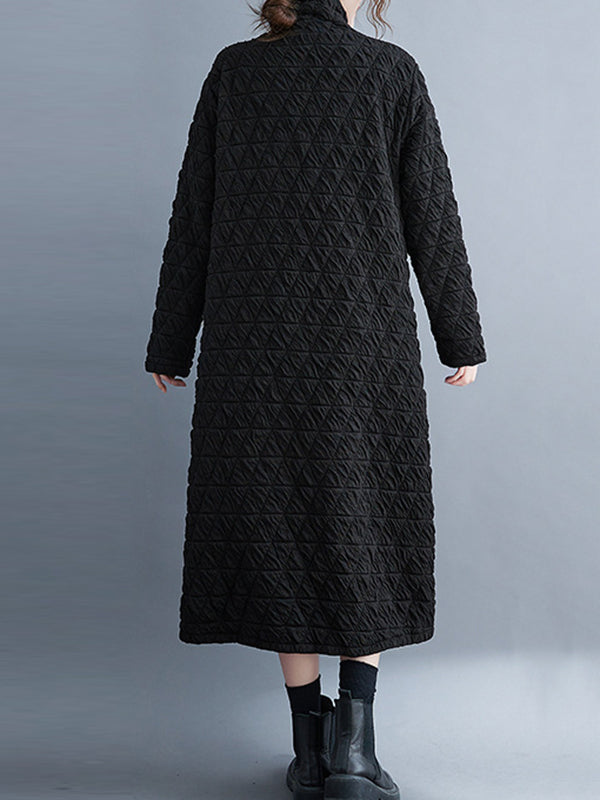 xakxx Casual Long Sleeves Loose Solid Color Textured High-Neck Cotton Padded Midi Dresses