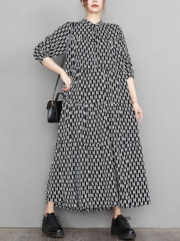 xakxx Casual Long Sleeves Loose Buttoned Contrast Color Printed Split-Joint Stand Collar Midi Dresses