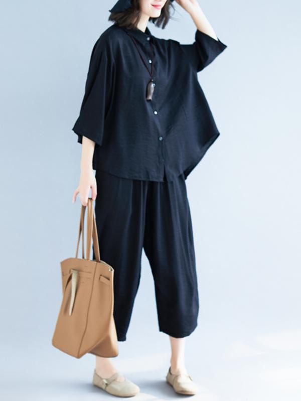 xakxx Two-Pieces Black Loose Shirt And Ninth Pants Suit