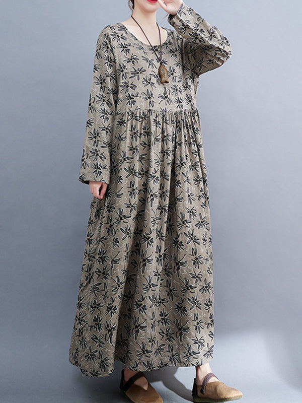 xakxx Artistic Retro Long Sleeves Loose Floral Printed Round-Neck Midi Dresses
