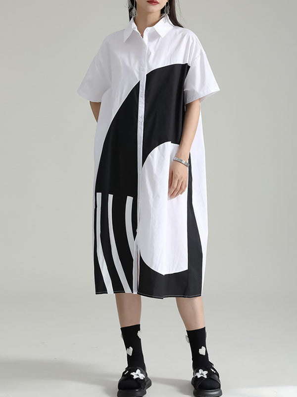 xakxx Loose Short Sleeves Asymmetric Contrast Color Split-Joint Lapel Midi Dresses Shirt Dress